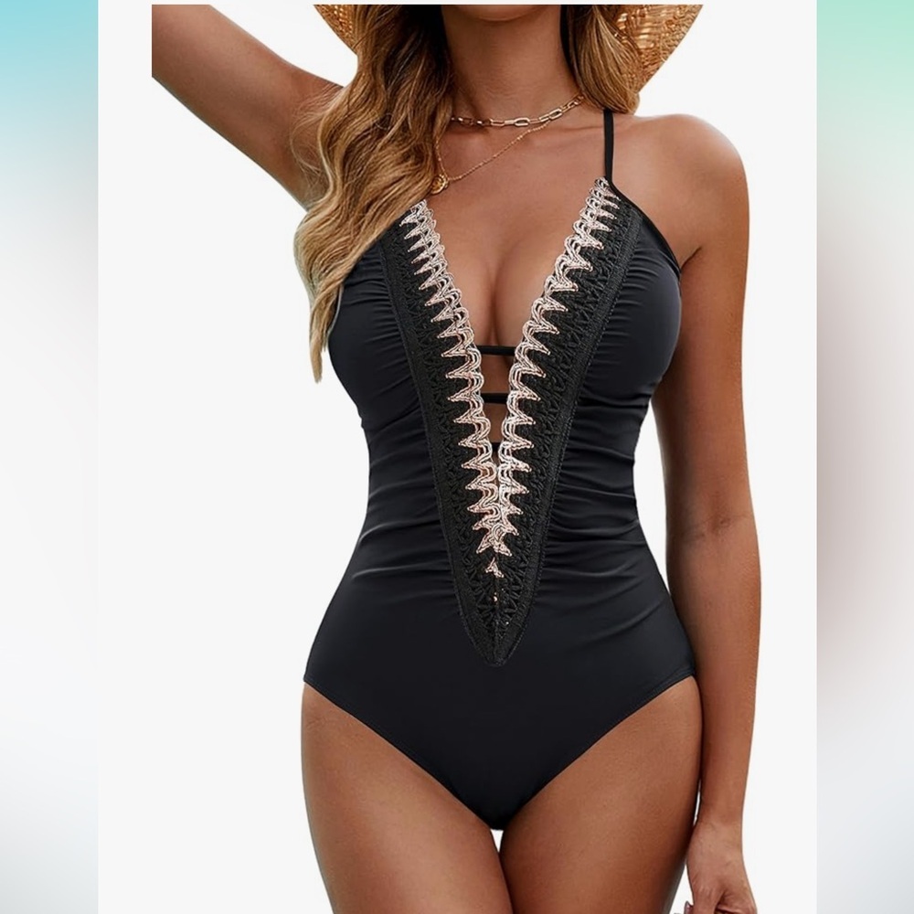 Chic Boho Black One-Piece Swimsuit Lace Trim Medium Travel‎ Vacation Slimming